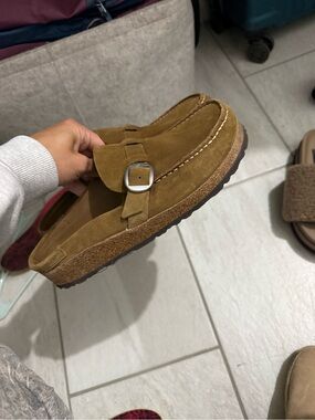 Birkenstock Suede Clog Mule in Brown with Silver Buckle